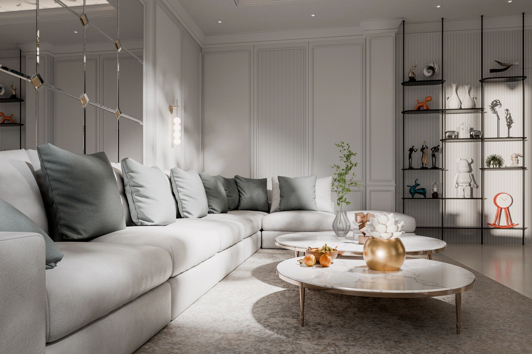 Living room interior with rug styling