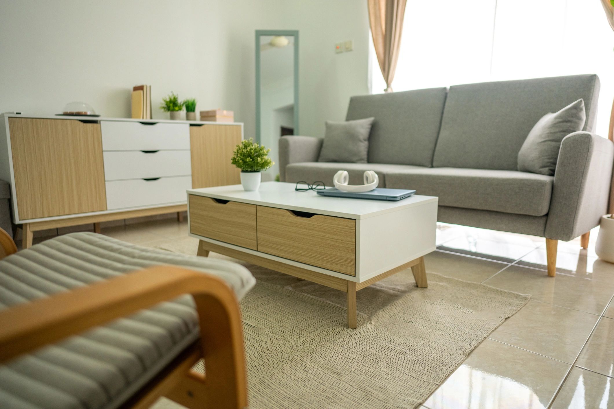 Modern room with clean lines and rug placement