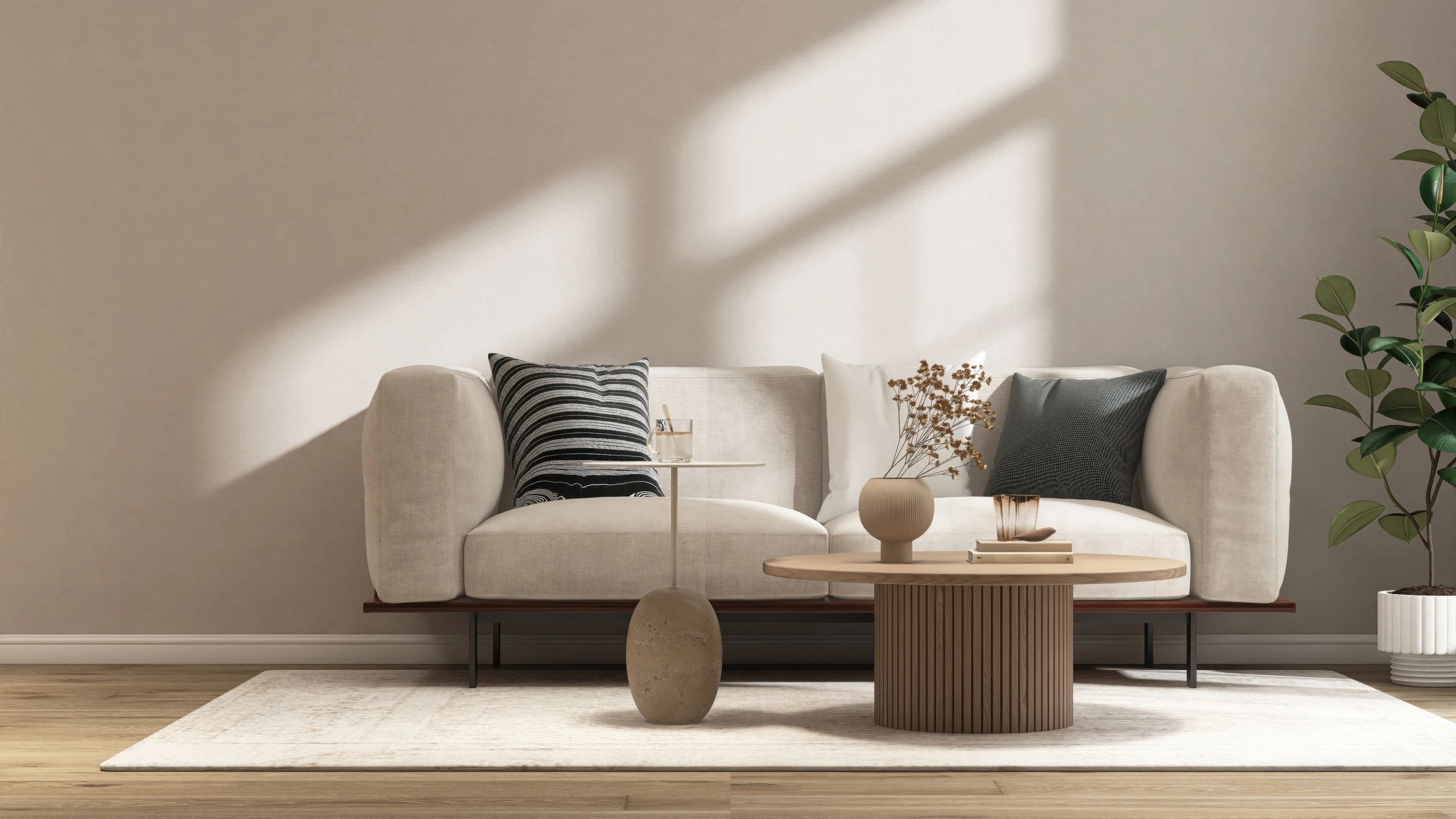 Modern living room with a custom-style cream rug