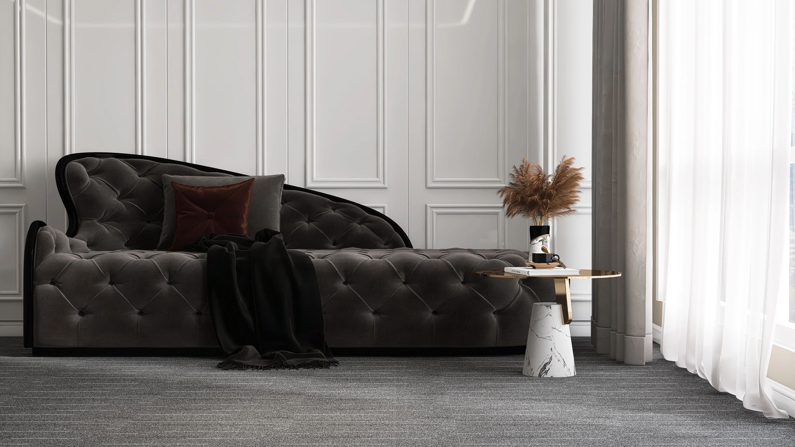 Elegant living room with dark sofa and rug styling